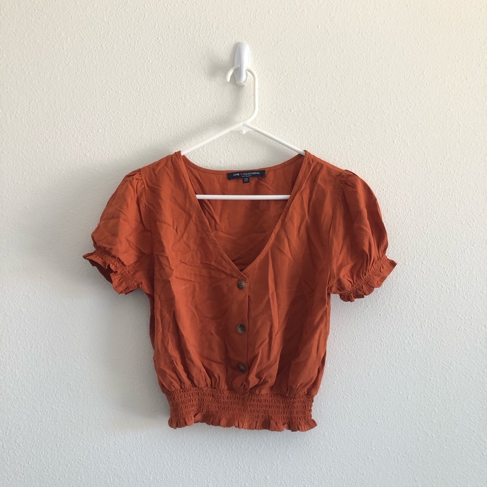 Dark Orange Puff Sleeve Crop Top Blouse